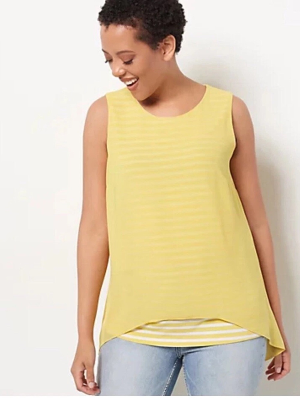 Women’s Susan Graver stripe Knit Tank W/Woven Chiffon Overlay Lemon Yellow Sz:3X